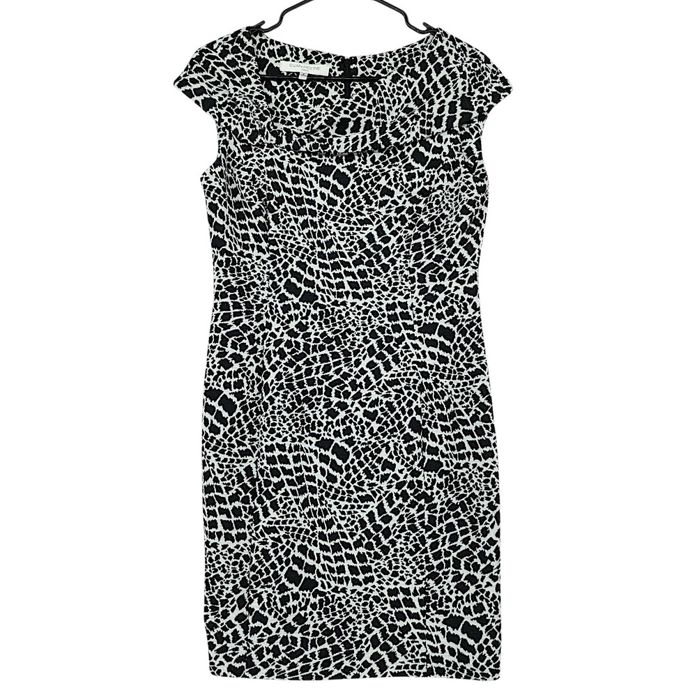 Evan Picone Sheath Dress 8 Women Black White Animal Print Cowl Neck Cap Sleeve